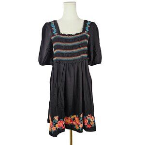 Savanna Jane Black Embroidered Floral Boho Dress Medium Babydoll